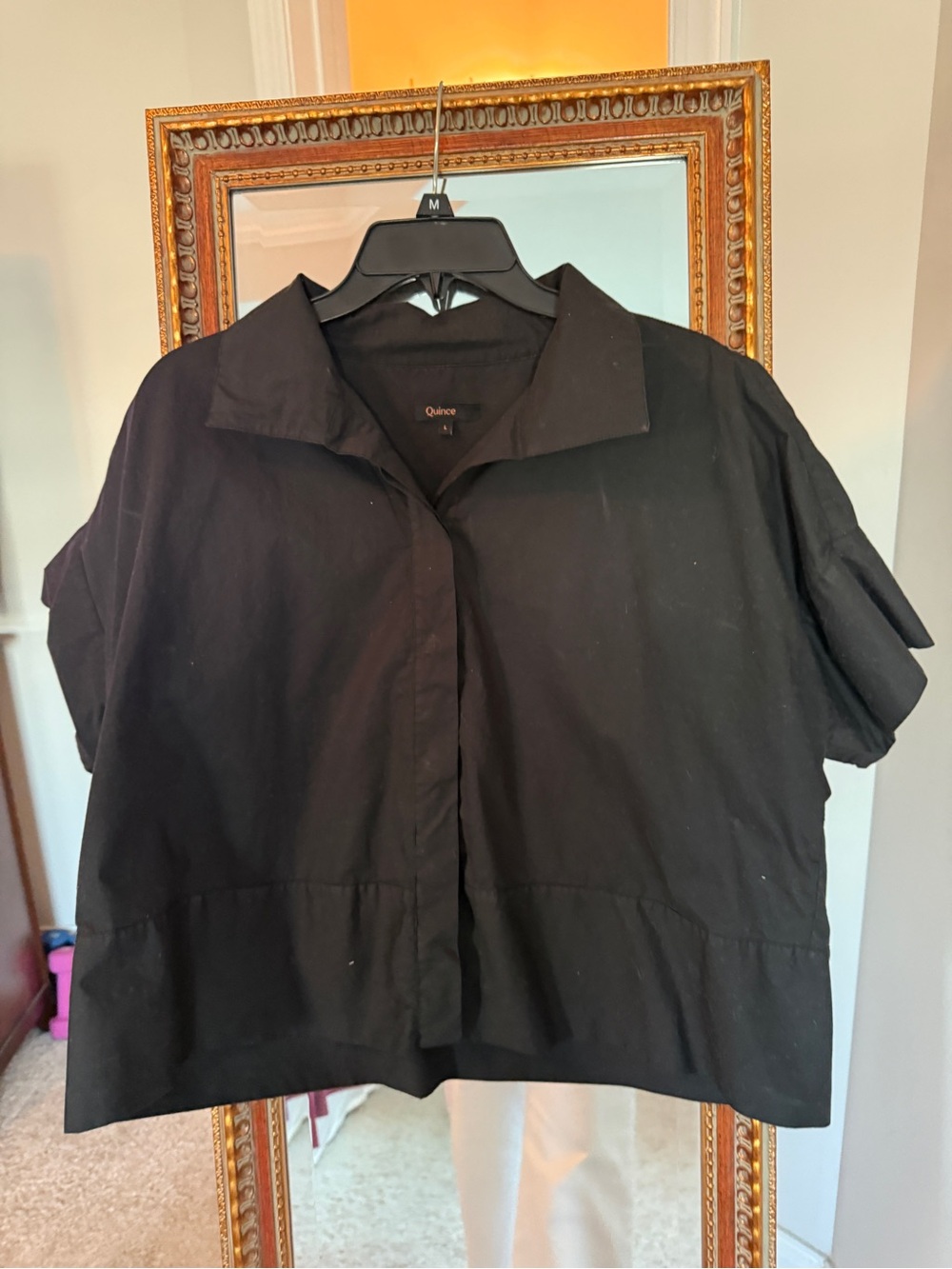 Quince Black Boxy Short-Sleeve Button-Down Top